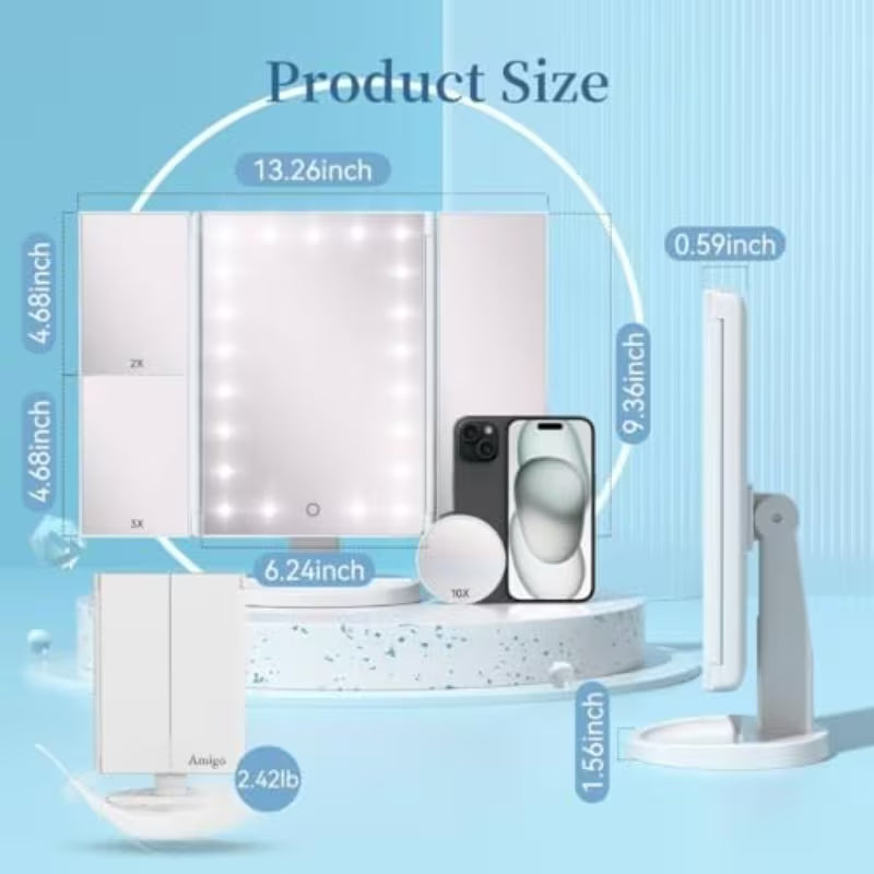 Makeup Mirror Vanity Mirror with Lights, Lighted Makeup Mirror with 2X 3X 10X Magnification, Touch Control, Dual Power Supply, Women Gift White