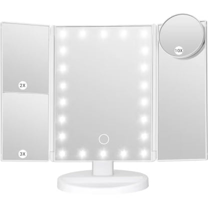 Makeup Mirror Vanity Mirror with Lights, Lighted Makeup Mirror with 2X 3X 10X Magnification, Touch Control, Dual Power Supply, Women Gift White