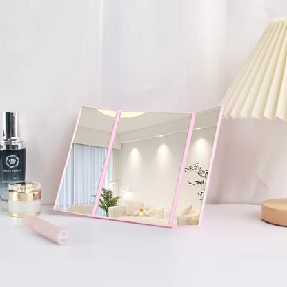 Pink Tri-Fold Makeup Mirror — Portable Anti-Fog HD Foldable Mirror for Travel & Gifting