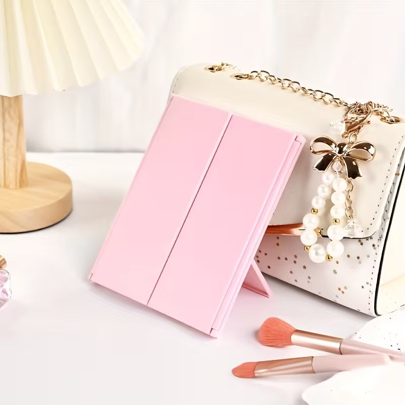 Pink Tri-Fold Makeup Mirror — Portable Anti-Fog HD Foldable Mirror for Travel & Gifting