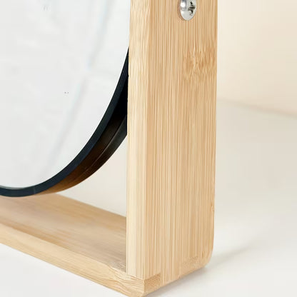 Elegant Wooden Frame Double-Sided Vanity Mirror — Rotating Desk Stand with Magnification