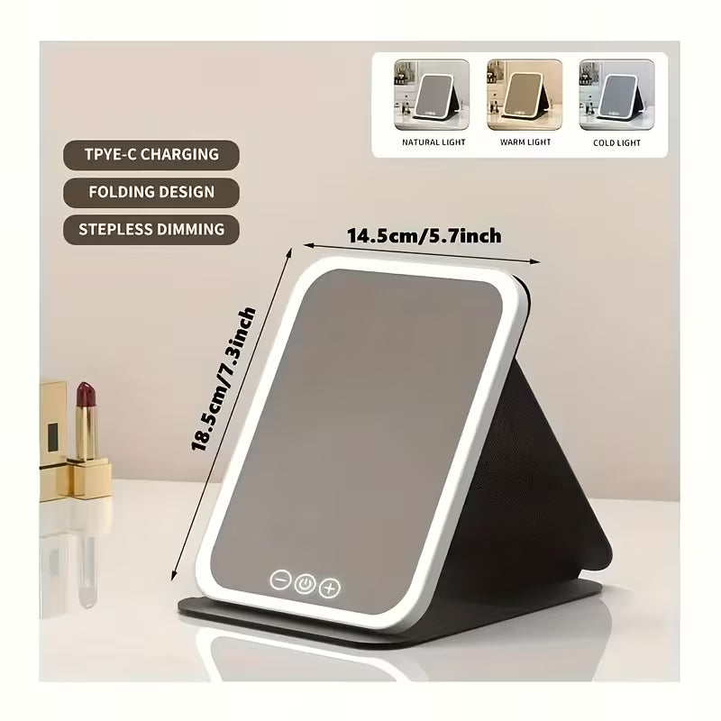 Rechargeable LED Lighted Travel Vanity Mirror — Foldable with 3 Colour Modes & Touch Screen