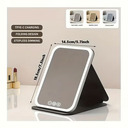Rechargeable LED Lighted Travel Vanity Mirror — Foldable with 3 Colour Modes & Touch Screen