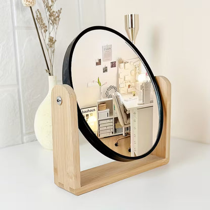 Elegant Wooden Frame Double-Sided Vanity Mirror — Rotating Desk Stand with Magnification