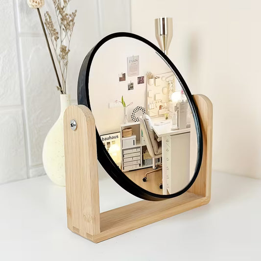 Elegant Wooden Frame Double-Sided Vanity Mirror — Rotating Desk Stand with Magnification
