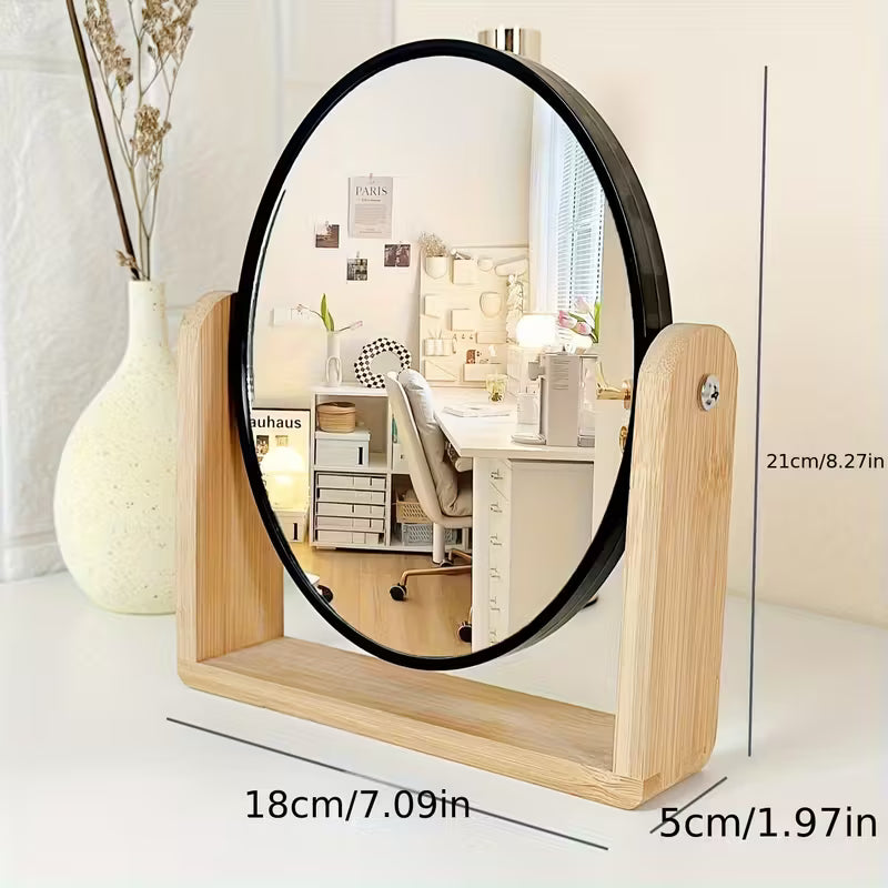 Elegant Wooden Frame Double-Sided Vanity Mirror — Rotating Desk Stand with Magnification