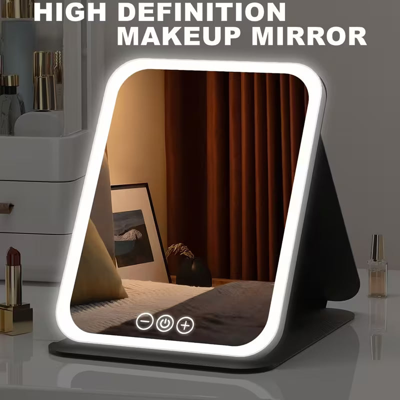 Rechargeable LED Lighted Travel Vanity Mirror — Foldable with 3 Colour Modes & Touch Screen